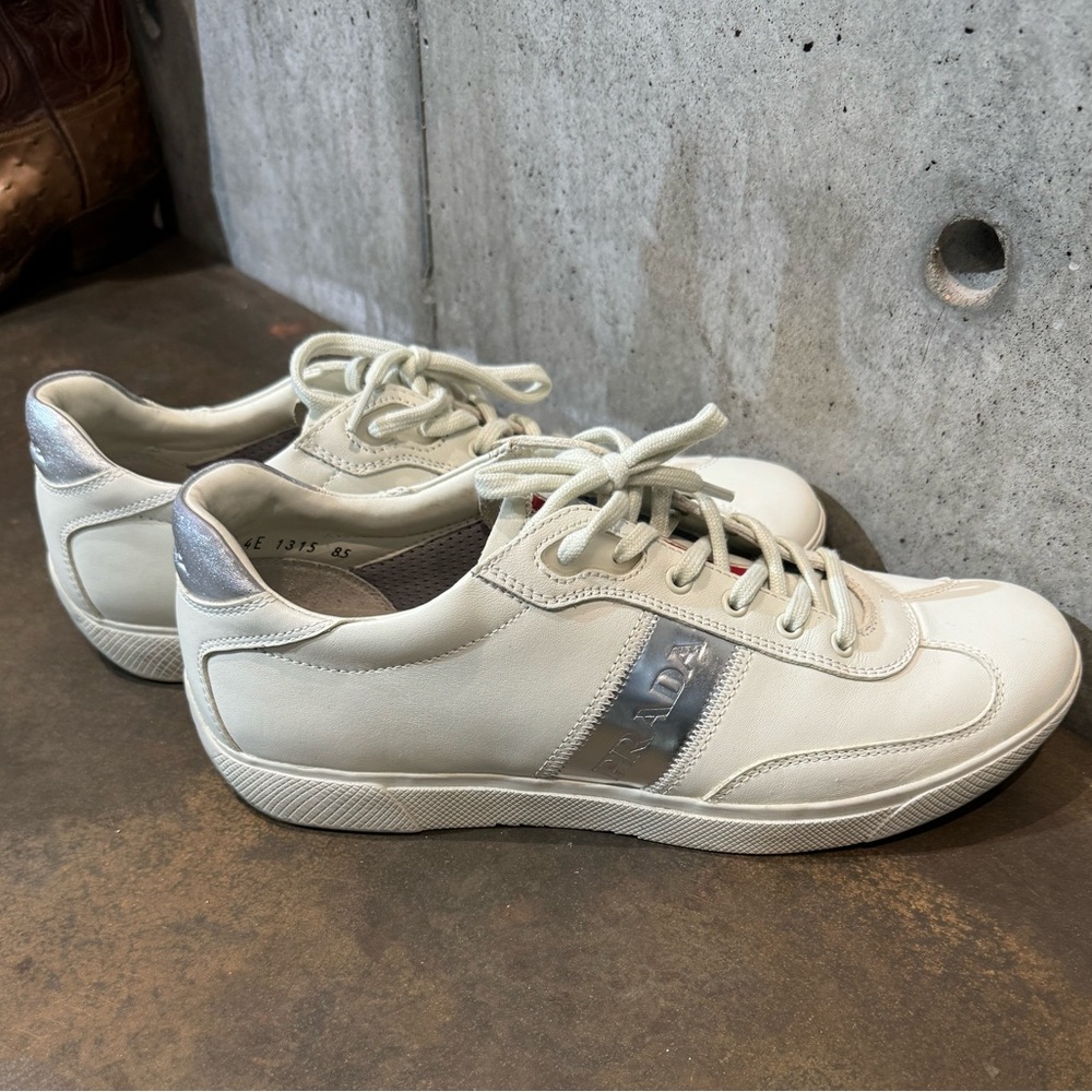 Prada Fashion Sneakers - White with Silver Embossed Stripe - Prada size 8.5
